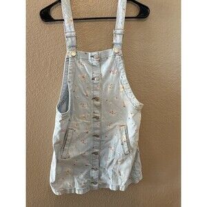 Celebrity Pink Overall Denim Dress Blue Floral Button-Up Front Slit Pockets - M